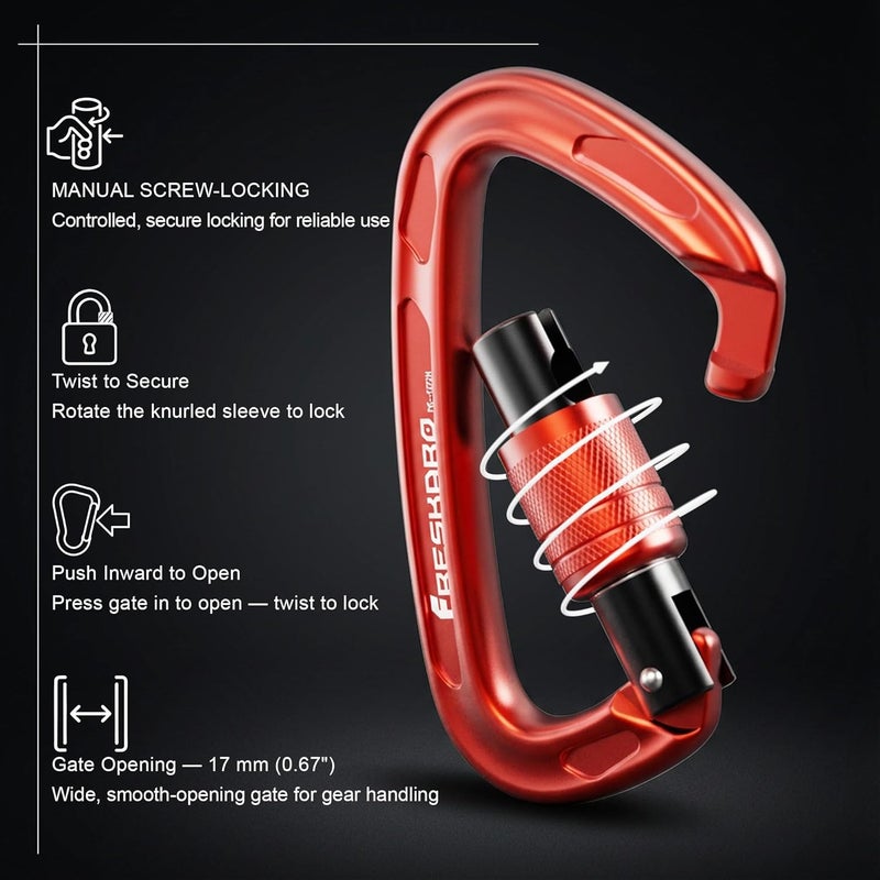 FresKaro 4inches 25kN-5621lbs Climbing Carabiners, UIAA CE Certified, Screw Lock, 7075 Aluminium, Lightweight, Rust Proof, for Mountaineering, Rappelling etc., Multi-Colors - Image 3
